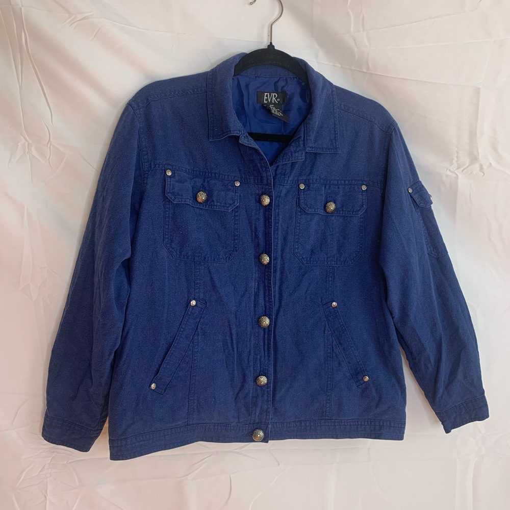 Vintage EVR 100% Silk Button Up Blue Jacket Silver Floral Buttons Womens Size S